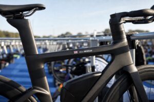 Triathlon bike sticker placement on the top tube with a custom name and UK flag decal