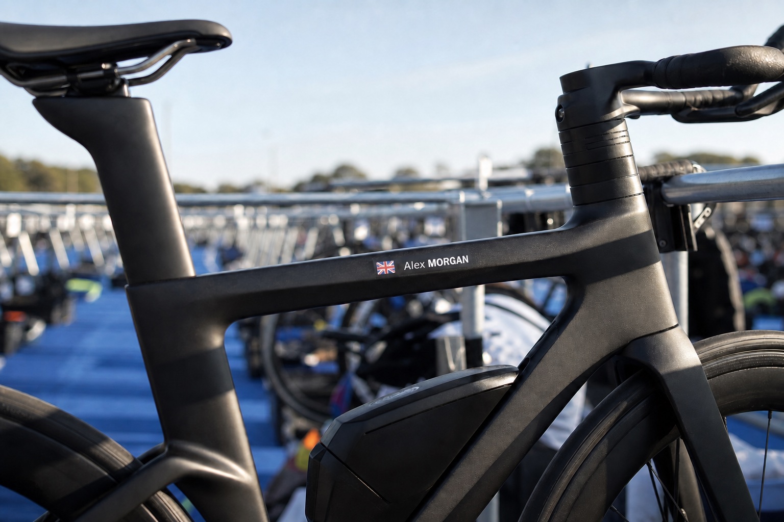 Triathlon bike sticker placement on the top tube with a custom name and UK flag decal
