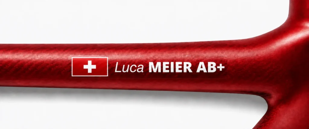 Swiss name and blood type sticker on a red bike frame