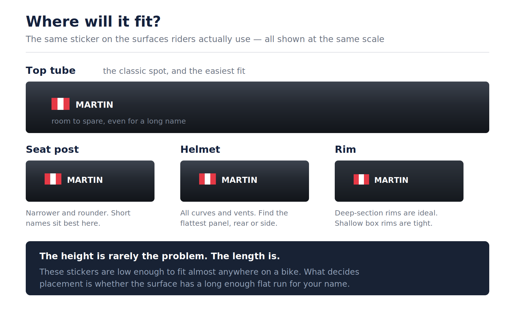Recommended places for a personalised name sticker on a bicycle
