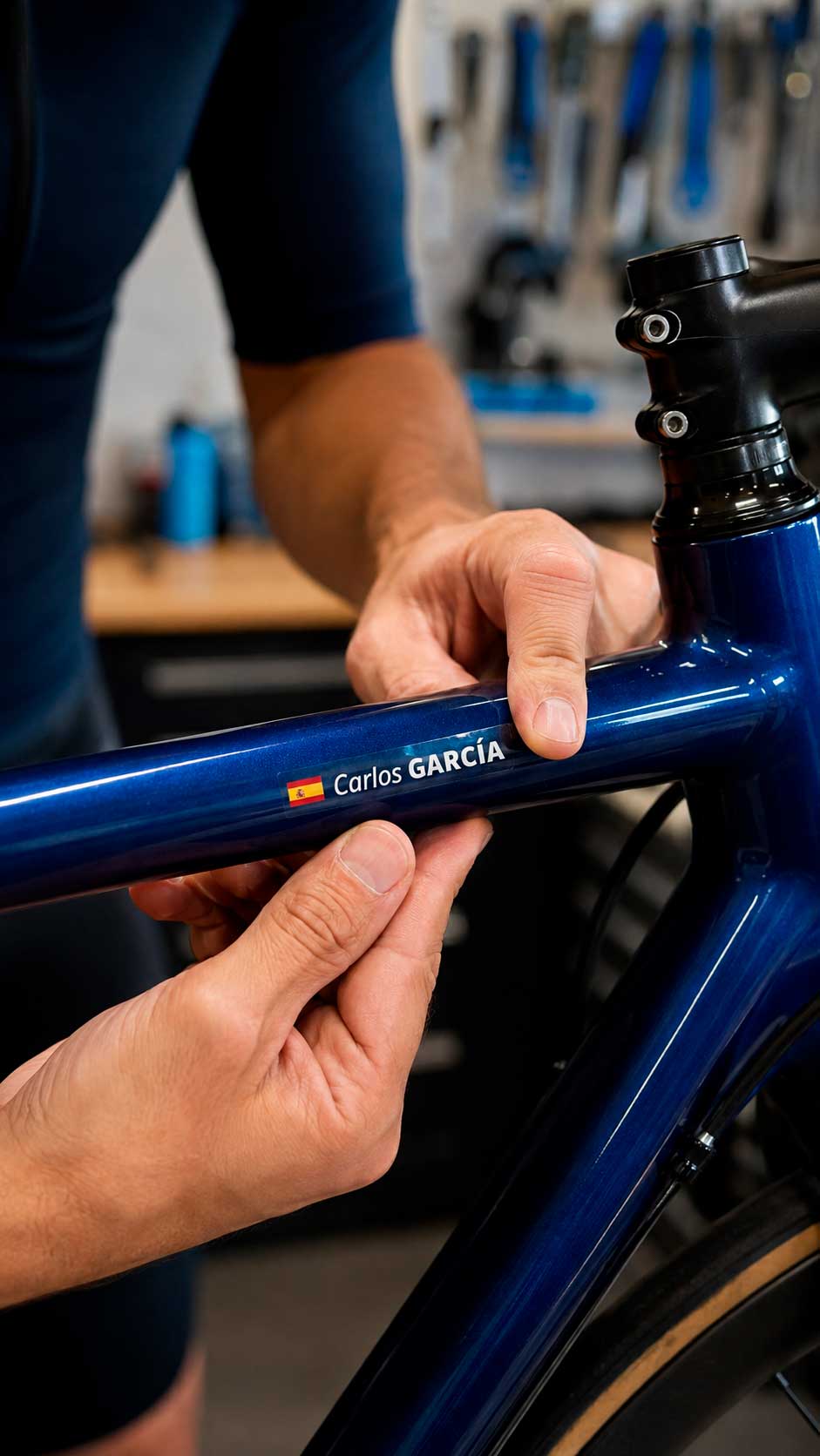 Ciclista alisando una pegatina personalizada con nombre y bandera española en el tubo superior de una bicicleta azul