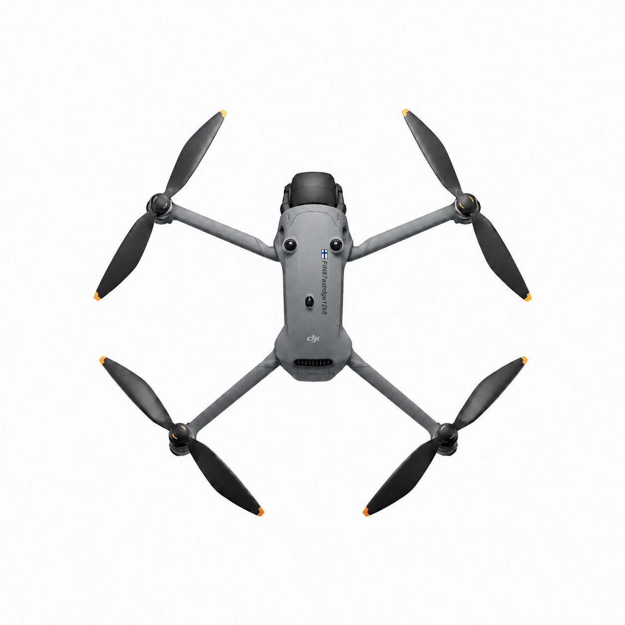 Top view of a DJI drone with Finnish operator ID sticker