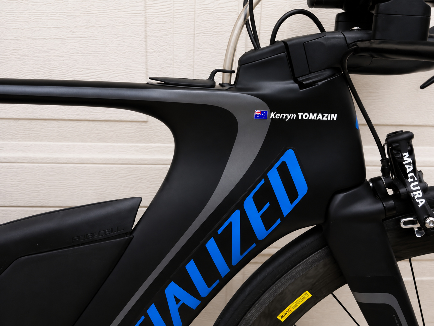 Australian personalised name and flag sticker on a triathlon bike frame