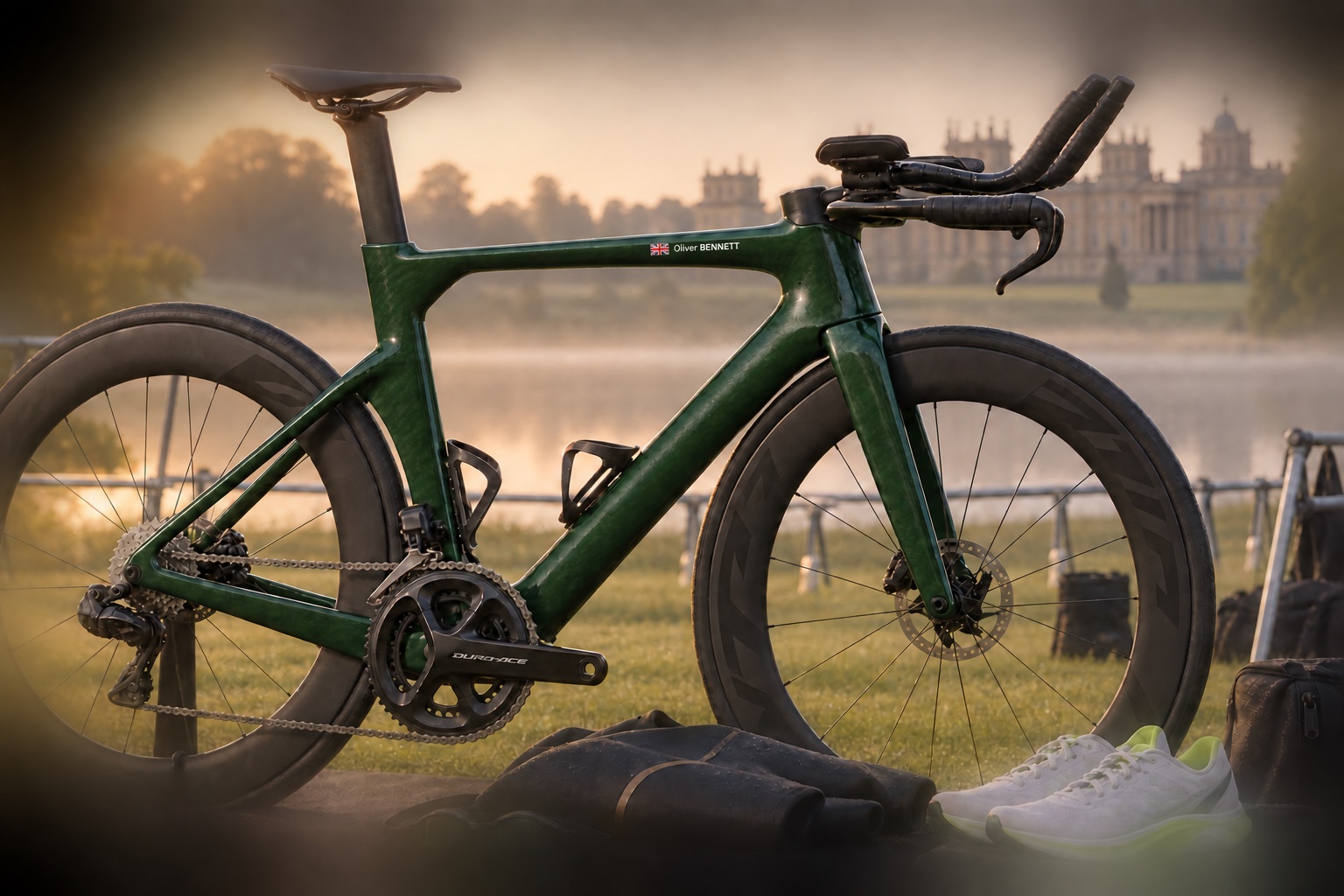 Triathlon bike with a personalised name and UK flag sticker beside swim and running equipment