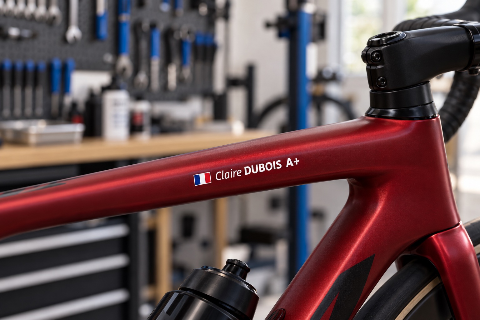 Road bike with Claire DUBOIS name, French flag and A+ blood type sticker