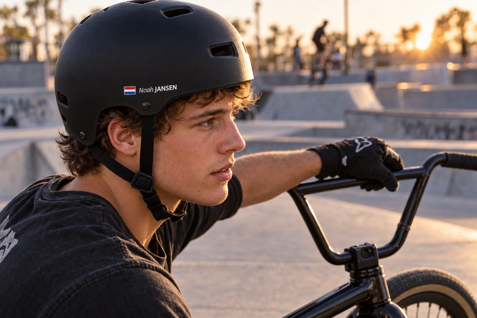 BMX rider wearing a helmet with a personalised name and Netherlands flag sticker