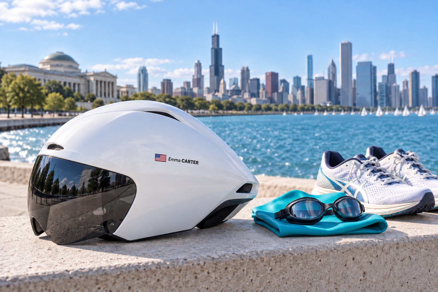 Casque blanc de triathlon avec Emma CARTER et drapeau américain près de lunettes et chaussures
