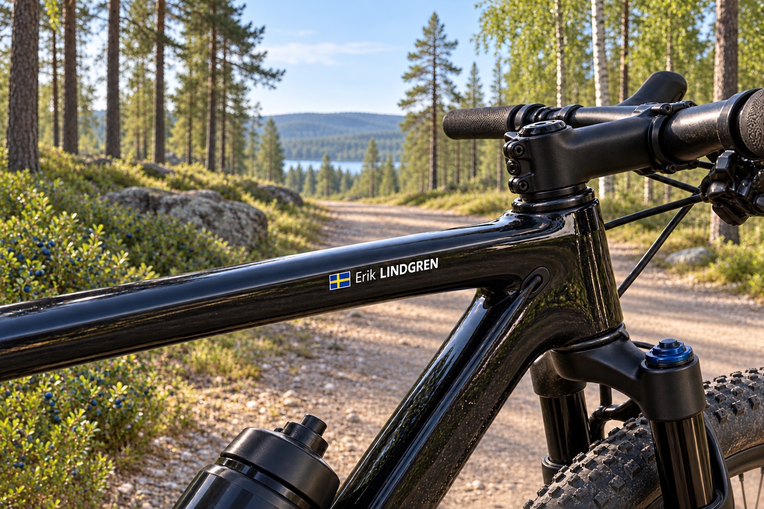 Mountain bike with Swedish name-and-flag Pegatin beside a forest trail