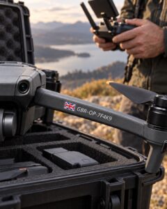 UK drone operator ID sticker on a professional camera drone prepared for flight