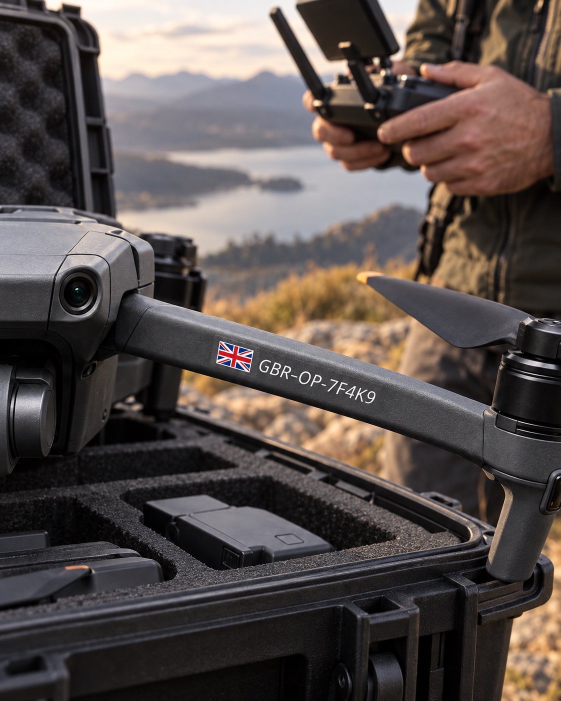 UK drone operator ID sticker on a professional camera drone prepared for flight