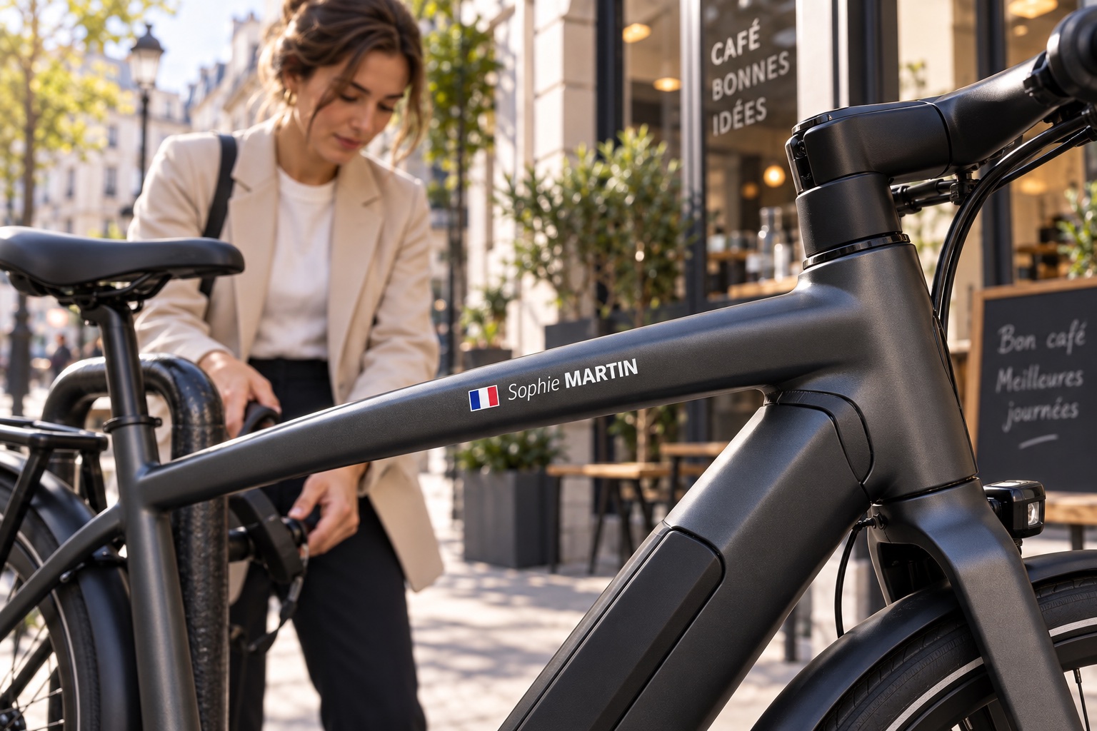 Electric bike with Sophie MARTIN personalised name and French flag sticker