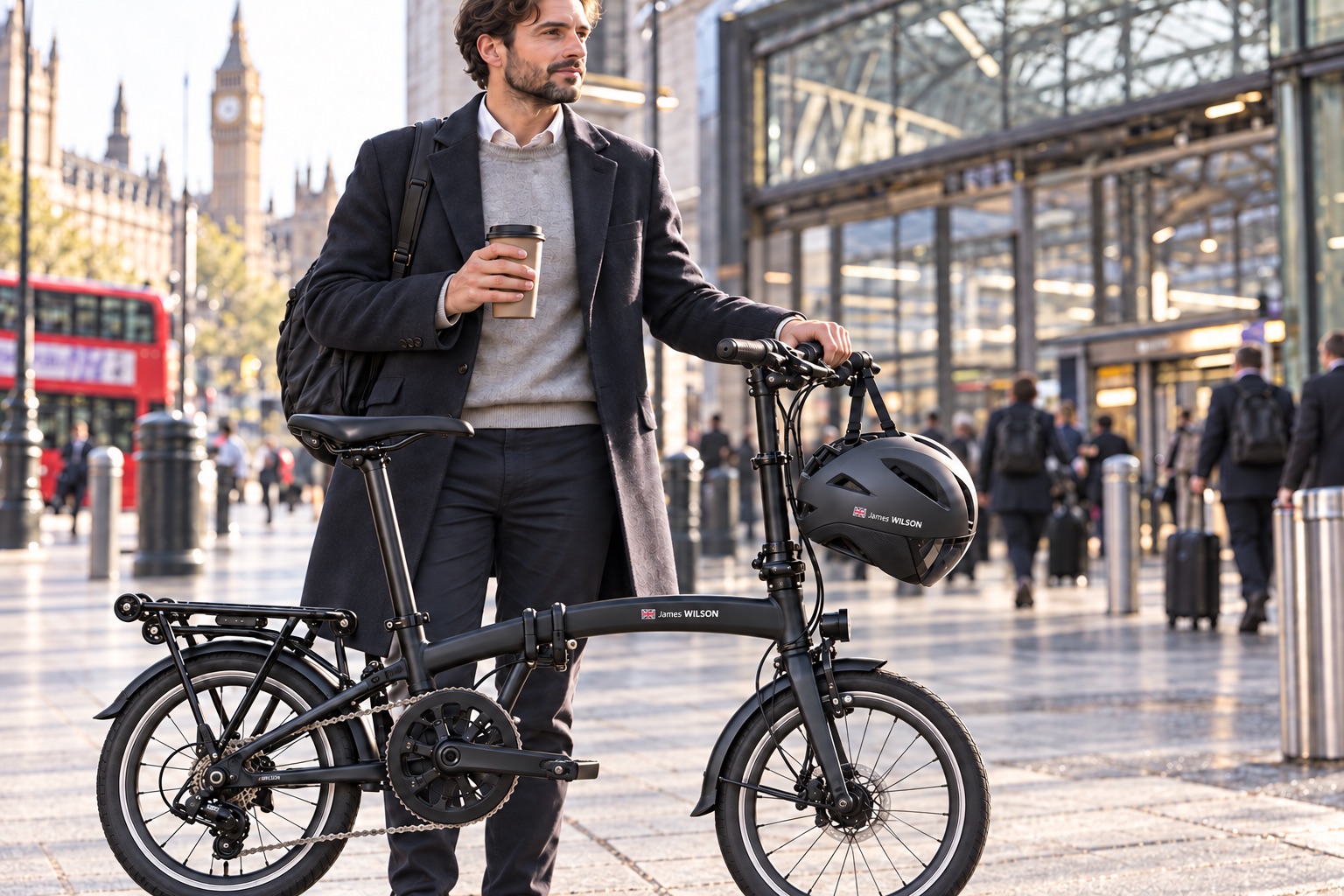 Custom name sticker on a British folding commuter bike and helmet