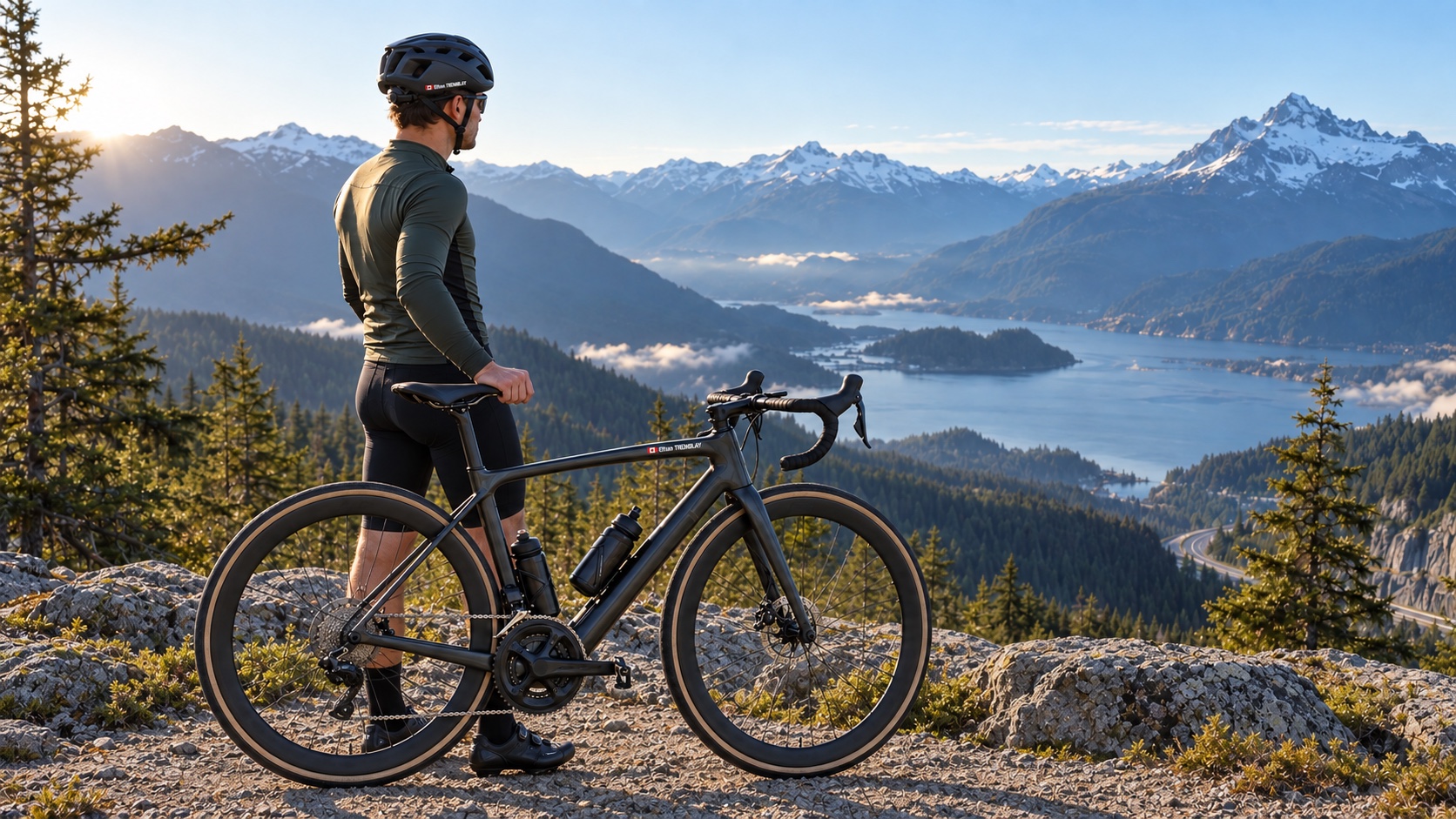 Canadian cyclist with personalised Pegatin name stickers on his road bike and helmet in the mountains for Gran Fondo Whistler