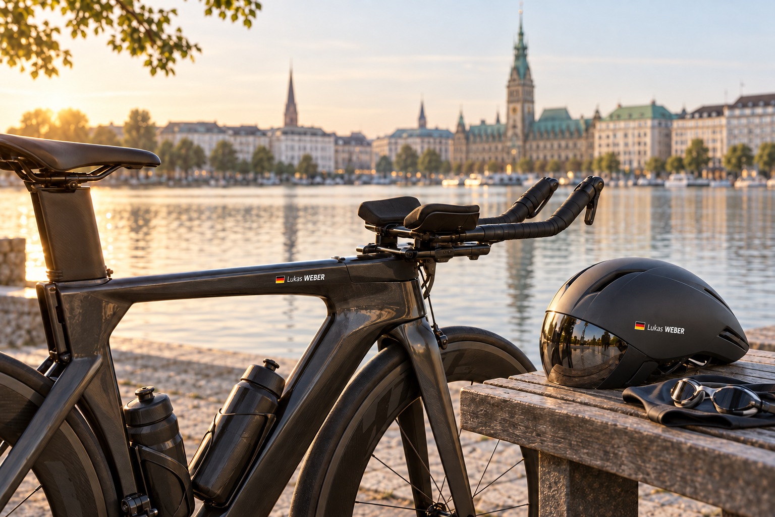 Triathlon bike and aero helmet personalised with Lukas WEBER Pegatin decals beside the water in Hamburg