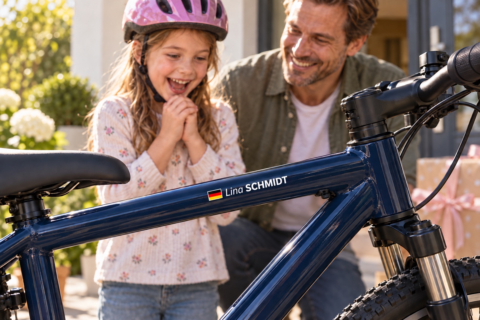 Børnecykel med personligt navneklistermærke og flag