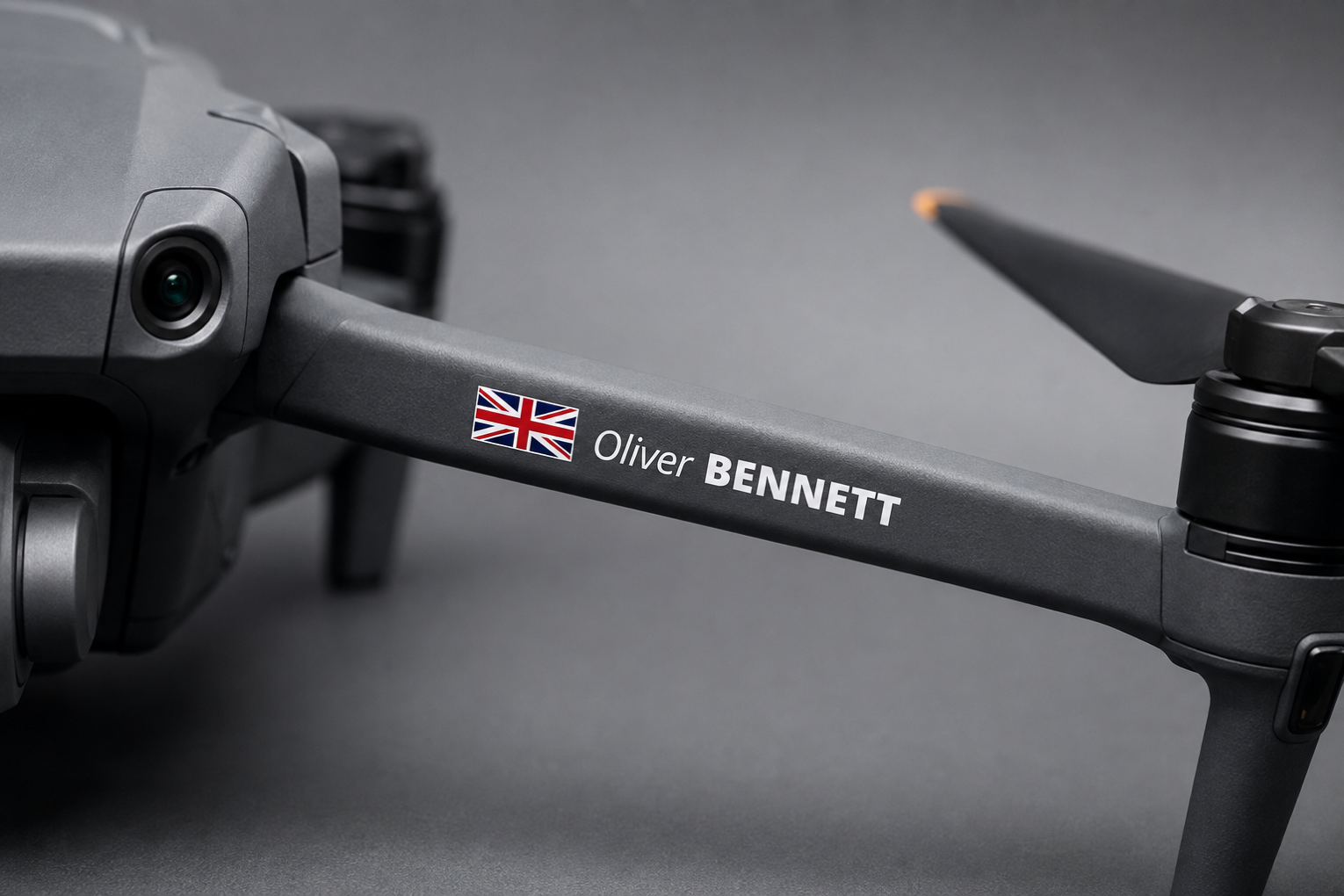 UK name and flag sticker personalised on a drone arm