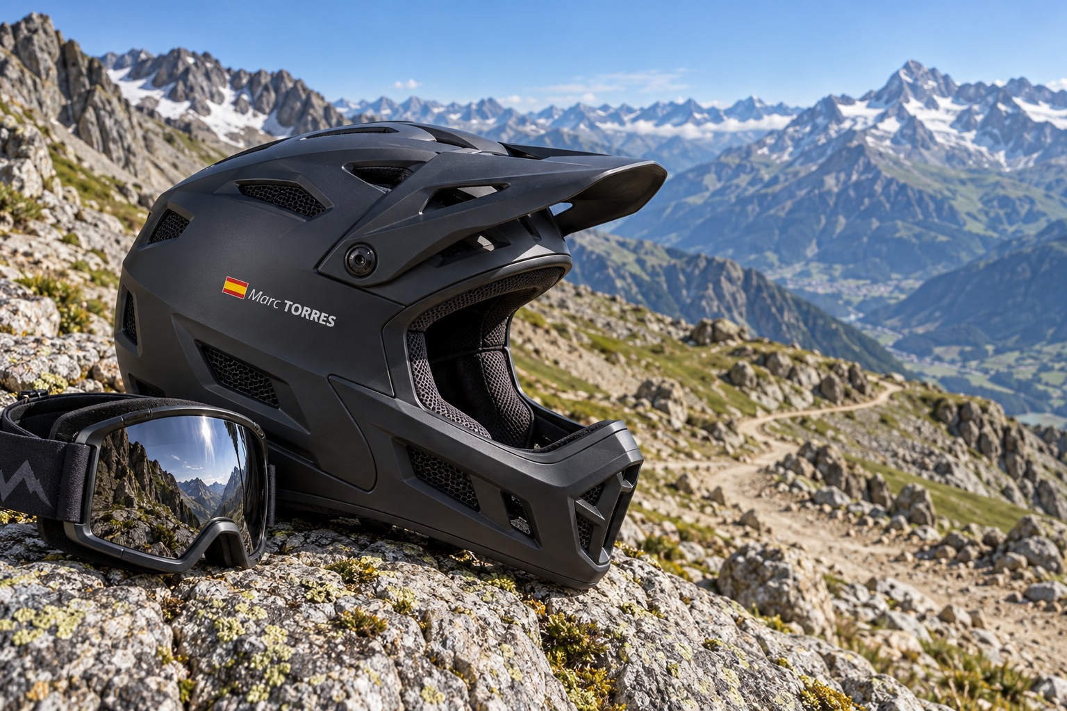 Full-face downhill helmet with a Marc TORRES Pegatin decal in an alpine landscape