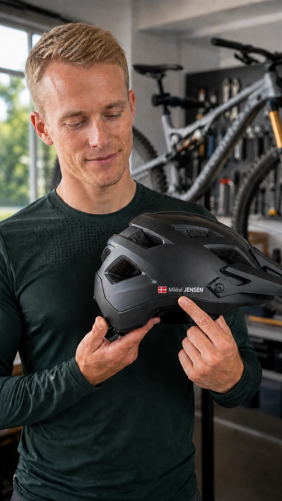 Mikkel JENSEN name and Danish flag sticker on a dark mountain bike helmet