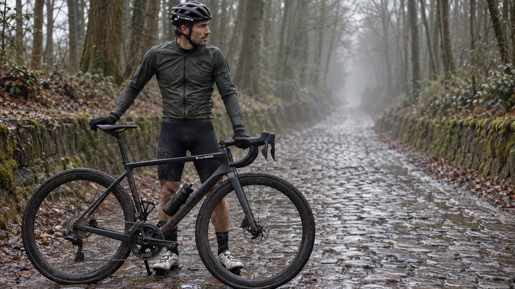 Preparación para la Paris-Roubaix Challenge 2027: ciclista con Pegatin en bicicleta y casco sobre pavé