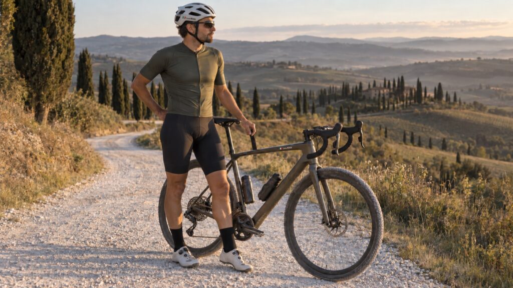 Italian cyclist with personalised Pegatin name stickers on a gravel bike and helmet in Tuscany