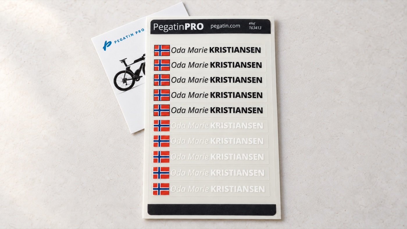 Pegatin PRO name-and-flag sticker sheet with its printed card