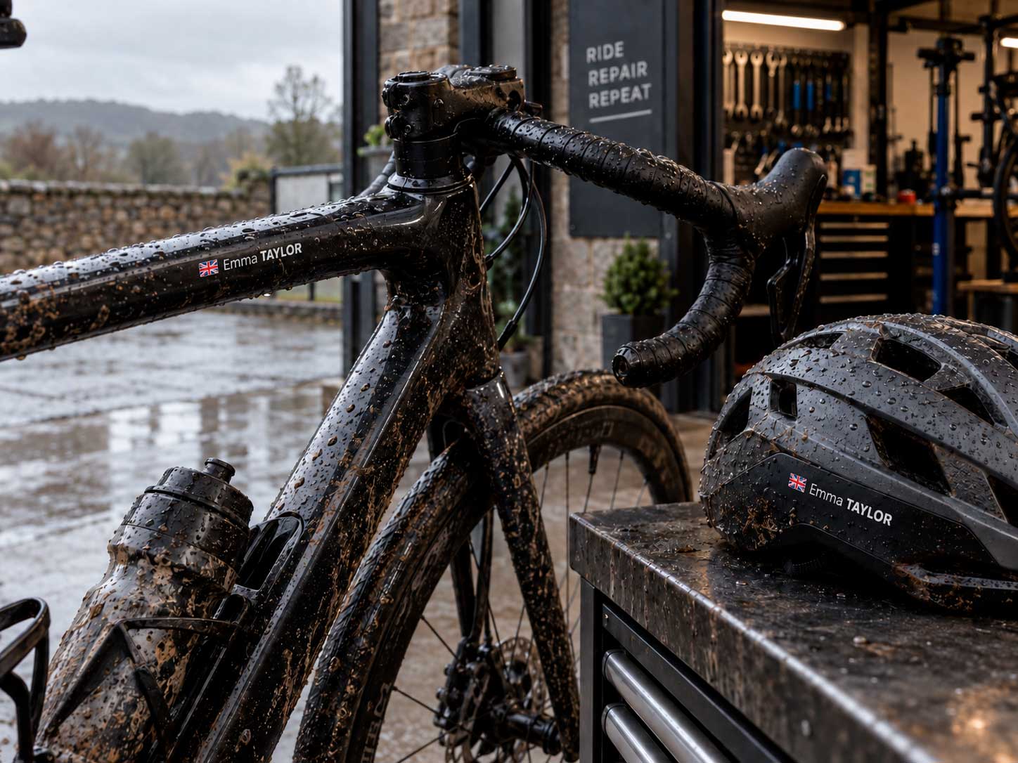 Pegatin personnalisé visible sur un vélo et un casque mouillés et couverts de boue