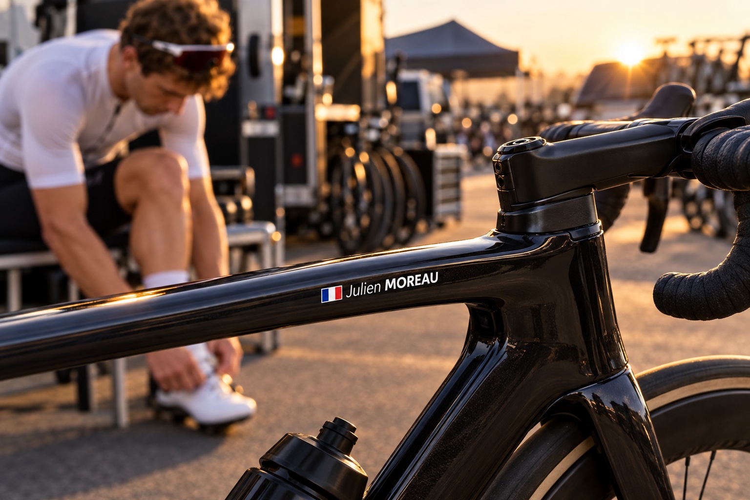 Name and flag sticker aligned on a coloured bicycle top tube
