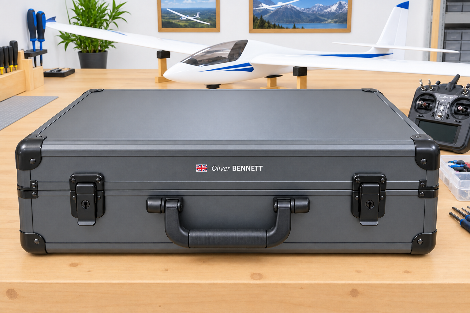 RC transmitter case with a personalised name and flag
