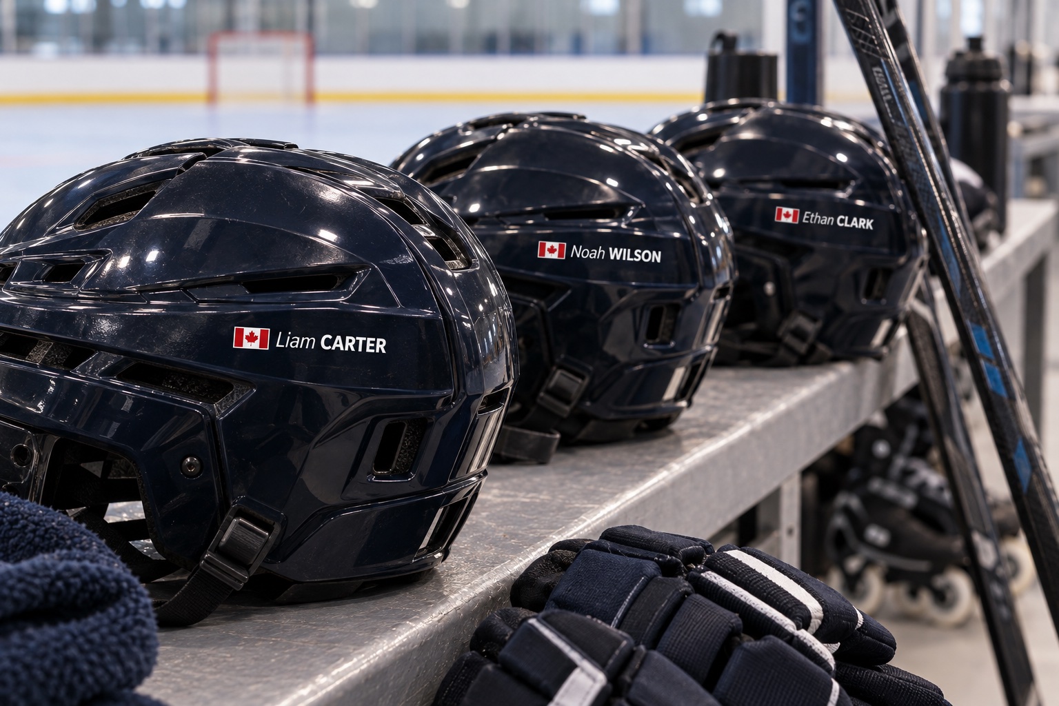 Roller hockey team helmets with coordinated personalised name stickers