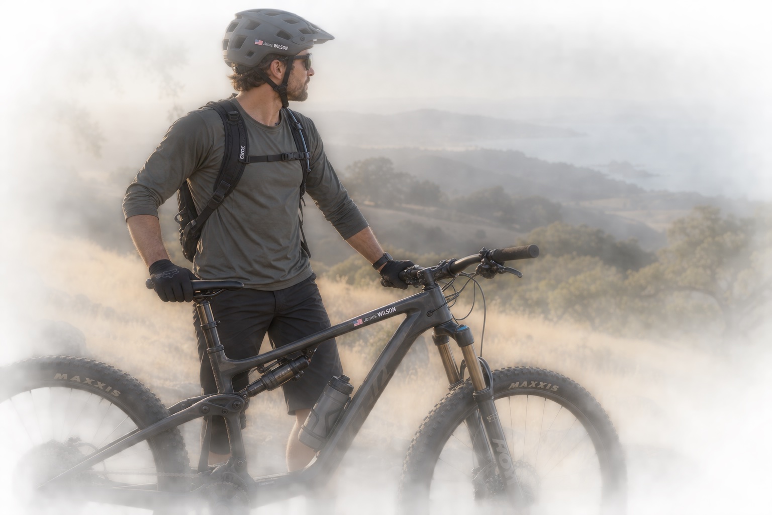 Mountain biker with personalised Pegatin on his bike and helmet