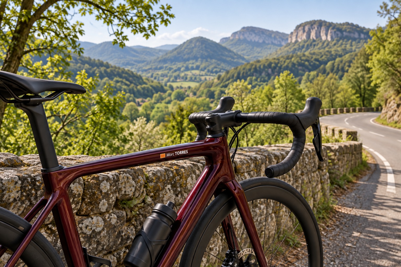 Road bike with a Marc TORRES and Catalan flag Pegatin decal in a mountain landscape