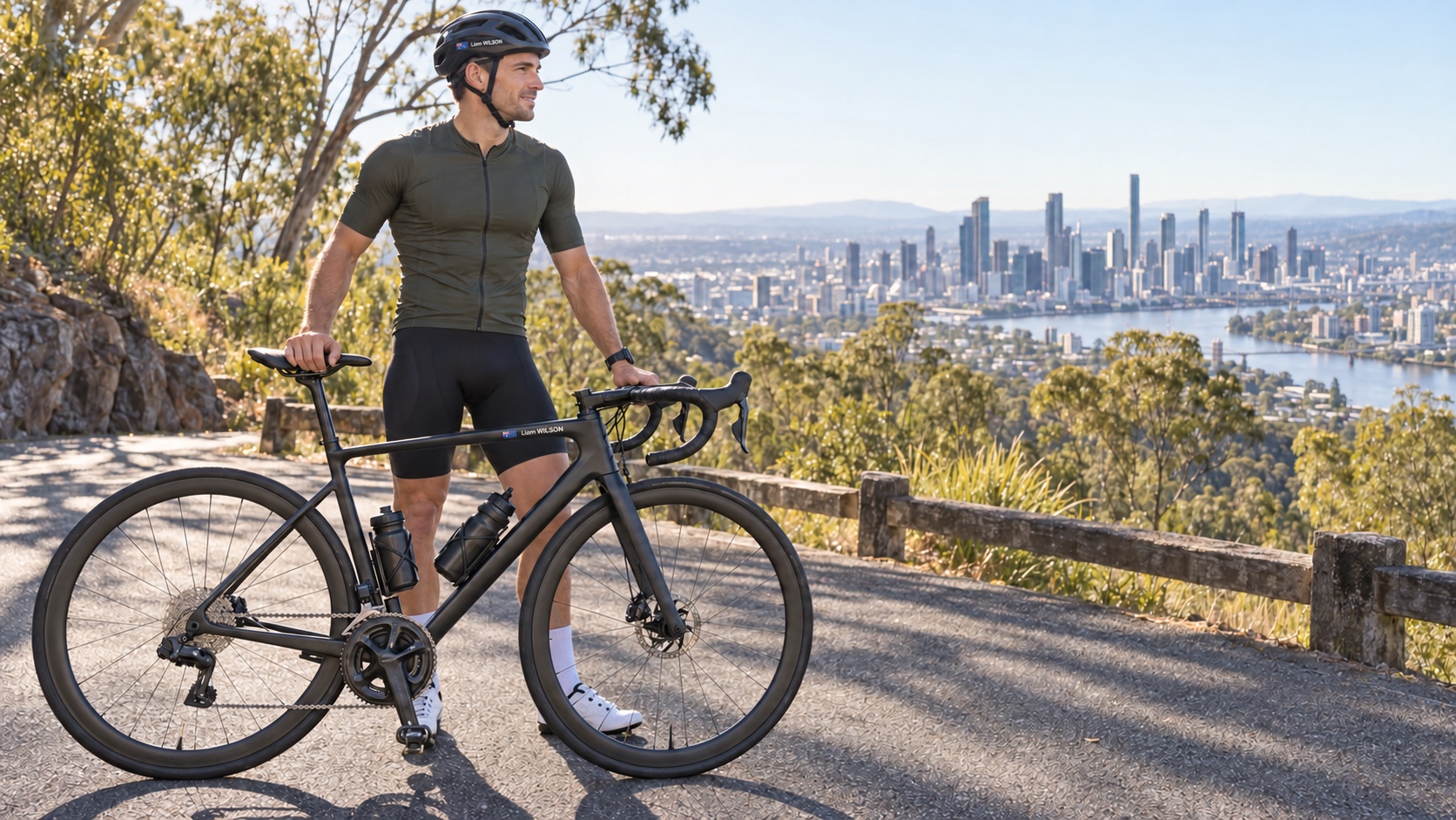 Australian cyclist with personalised Pegatin name stickers on his road bike and helmet overlooking Brisbane