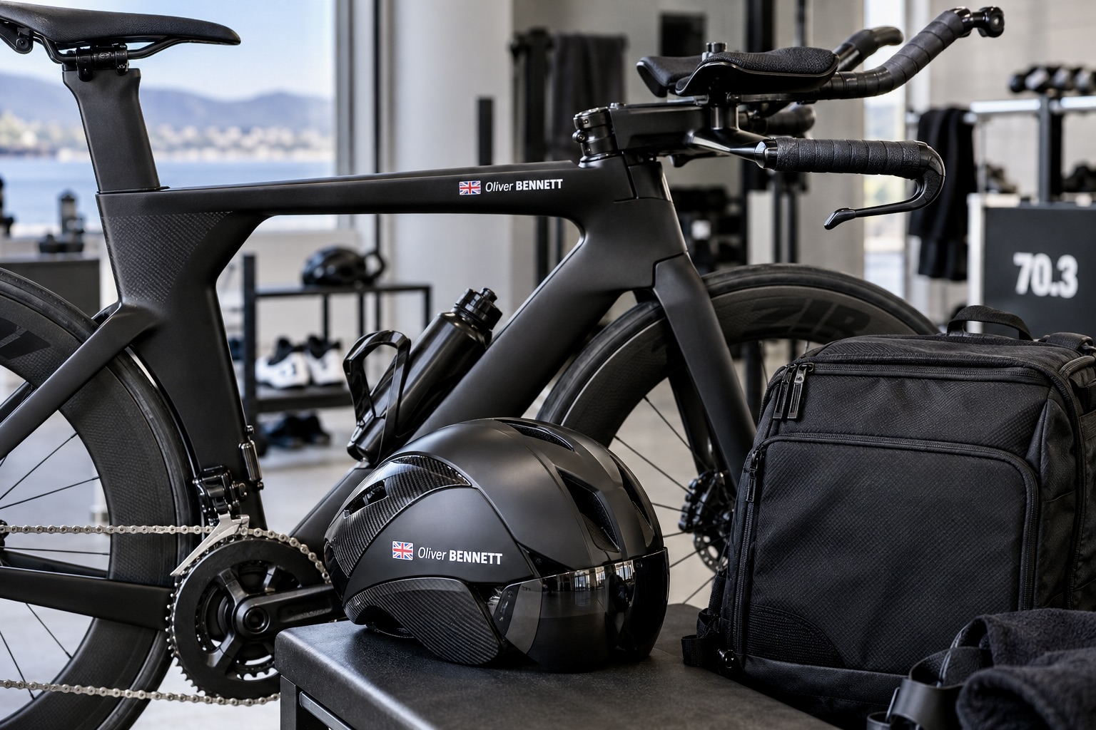 Personalised triathlon name stickers on a bike and aero helmet beside a transition bag