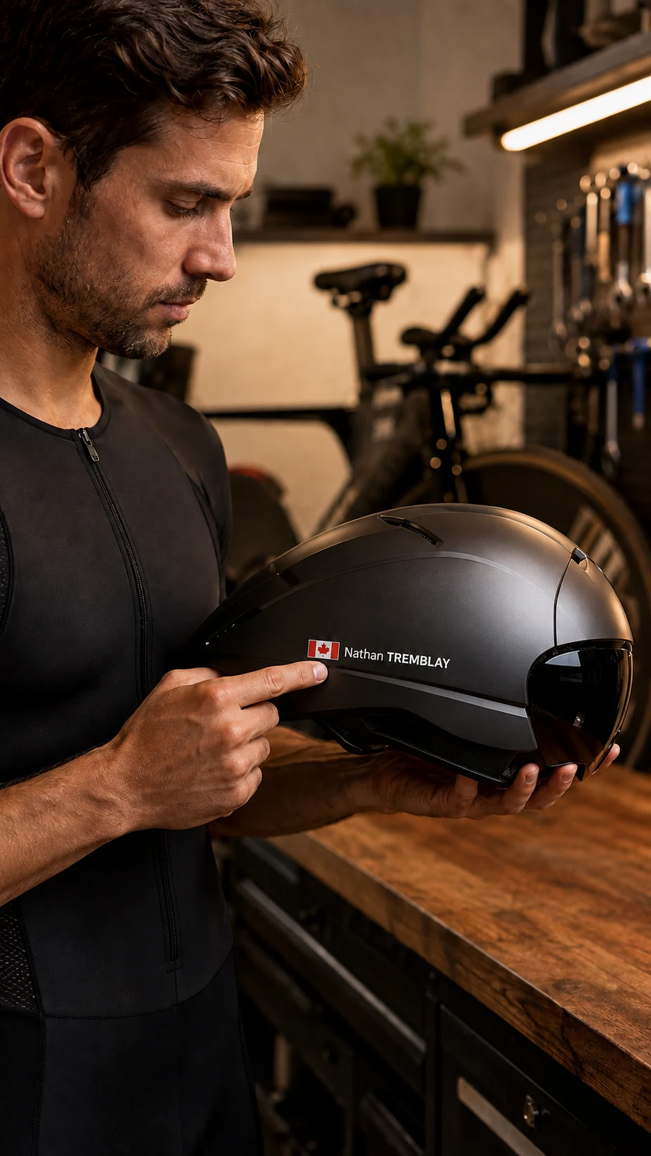 Triathlete with a Canadian flag and Nathan TREMBLAY name sticker on an aero helmet