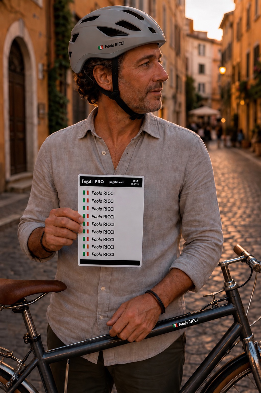 Italian urban cyclist with personalised bike and helmet stickers