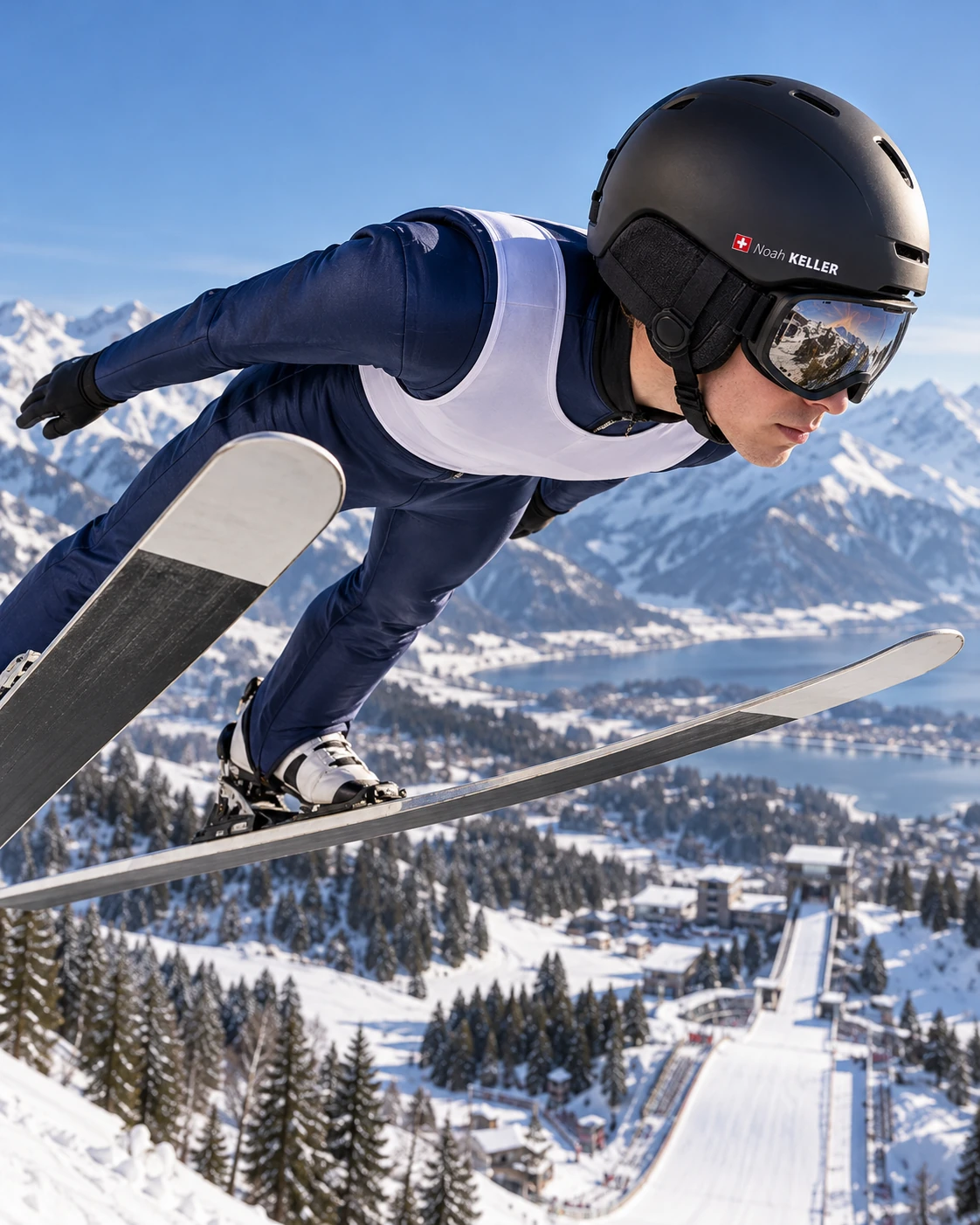 Ski jumper wearing a black helmet with a white Noah KELLER name sticker and Swiss flag