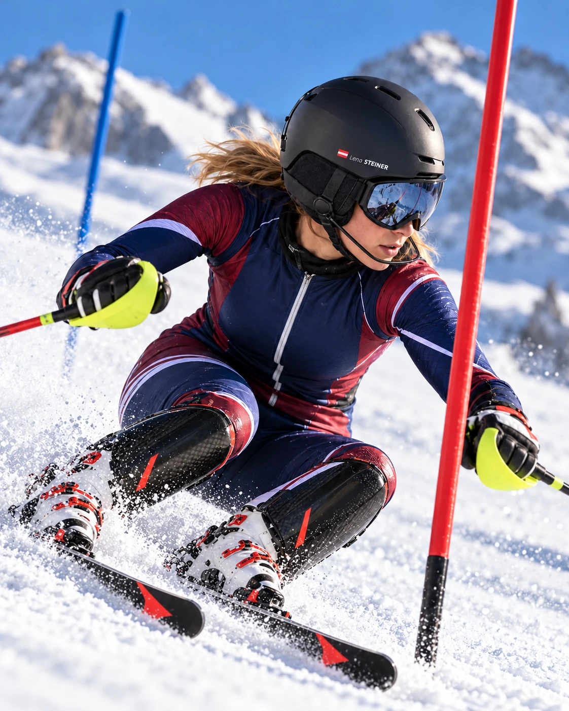Slalom skier wearing a black helmet with a white Lena STEINER name sticker and Austrian flag