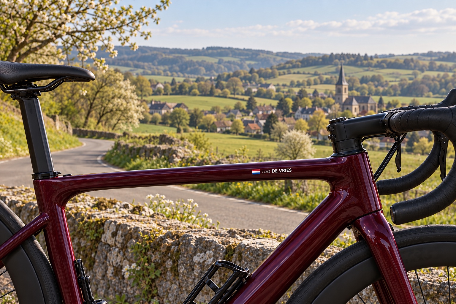 Amstel Gold Race 2027: Vélo de route bordeaux avec Lars DE VRIES et le drapeau néerlandais près d’une route dans les collines du Limbourg