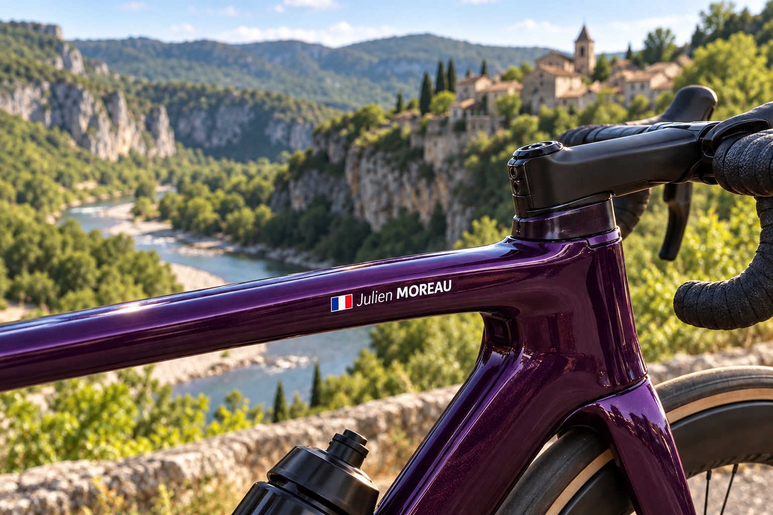 L’Ardéchoise 2027: Vélo de route violet avec Julien MOREAU et drapeau français devant une vallée de l’Ardèche