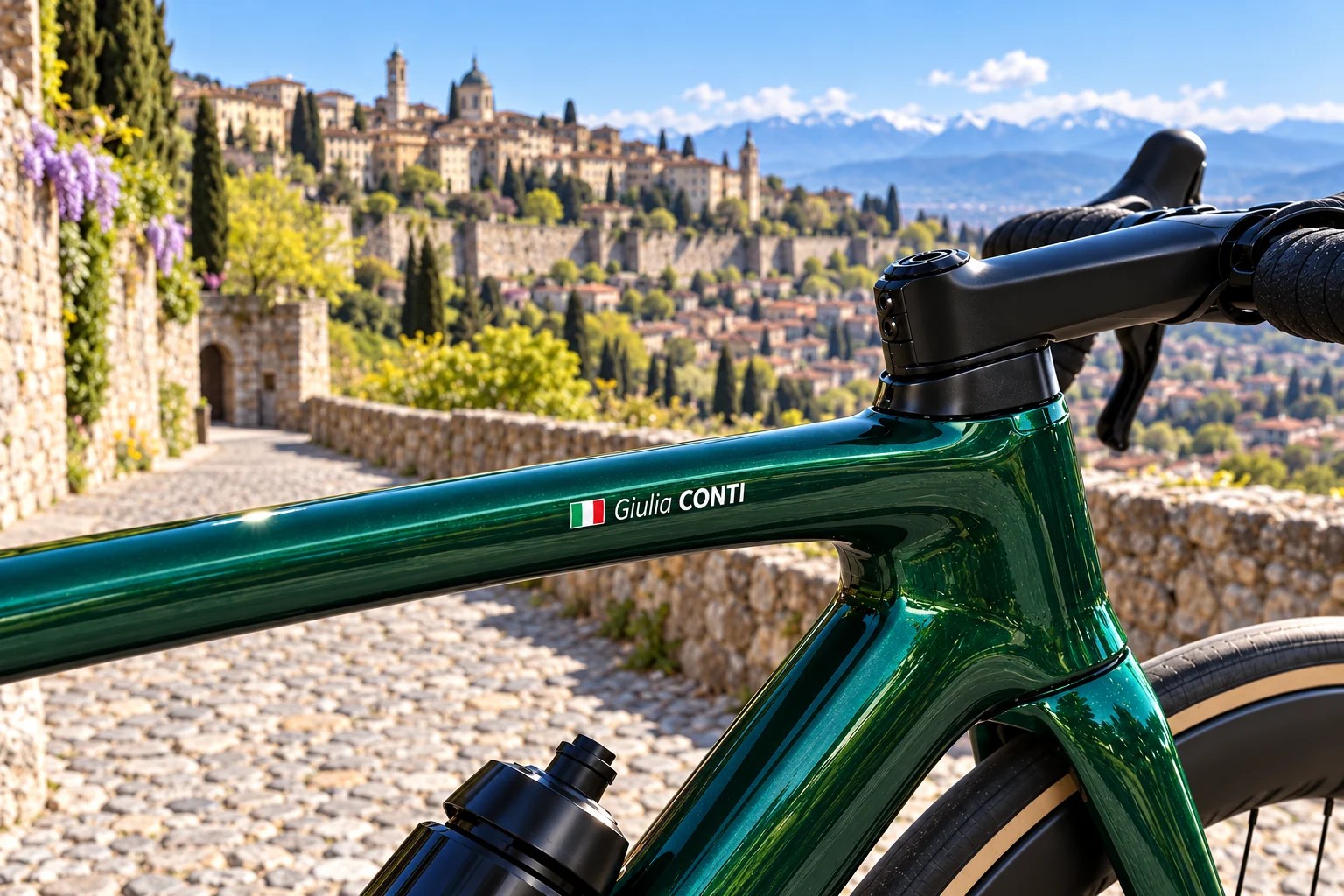 BGY Airport Granfondo 2027: Vélo personnalisé avec nom et drapeau dans un paysage lié au guide
