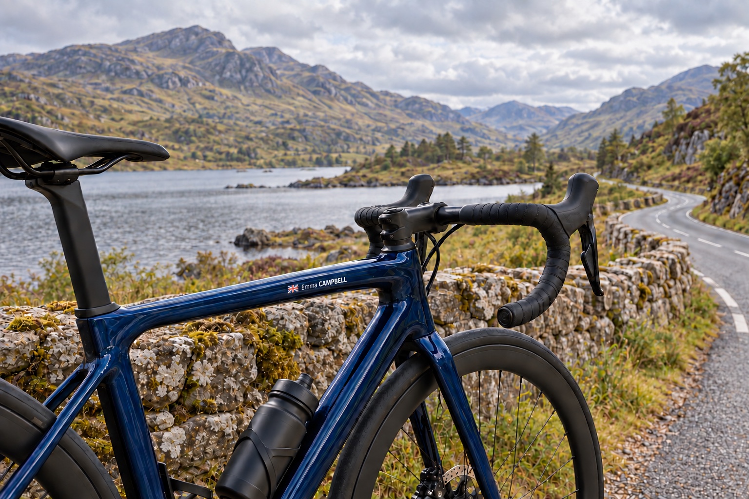 Etape Caledonia 2027: Vélo bleu portant Emma CAMPBELL et un drapeau britannique au bord d'un loch écossais