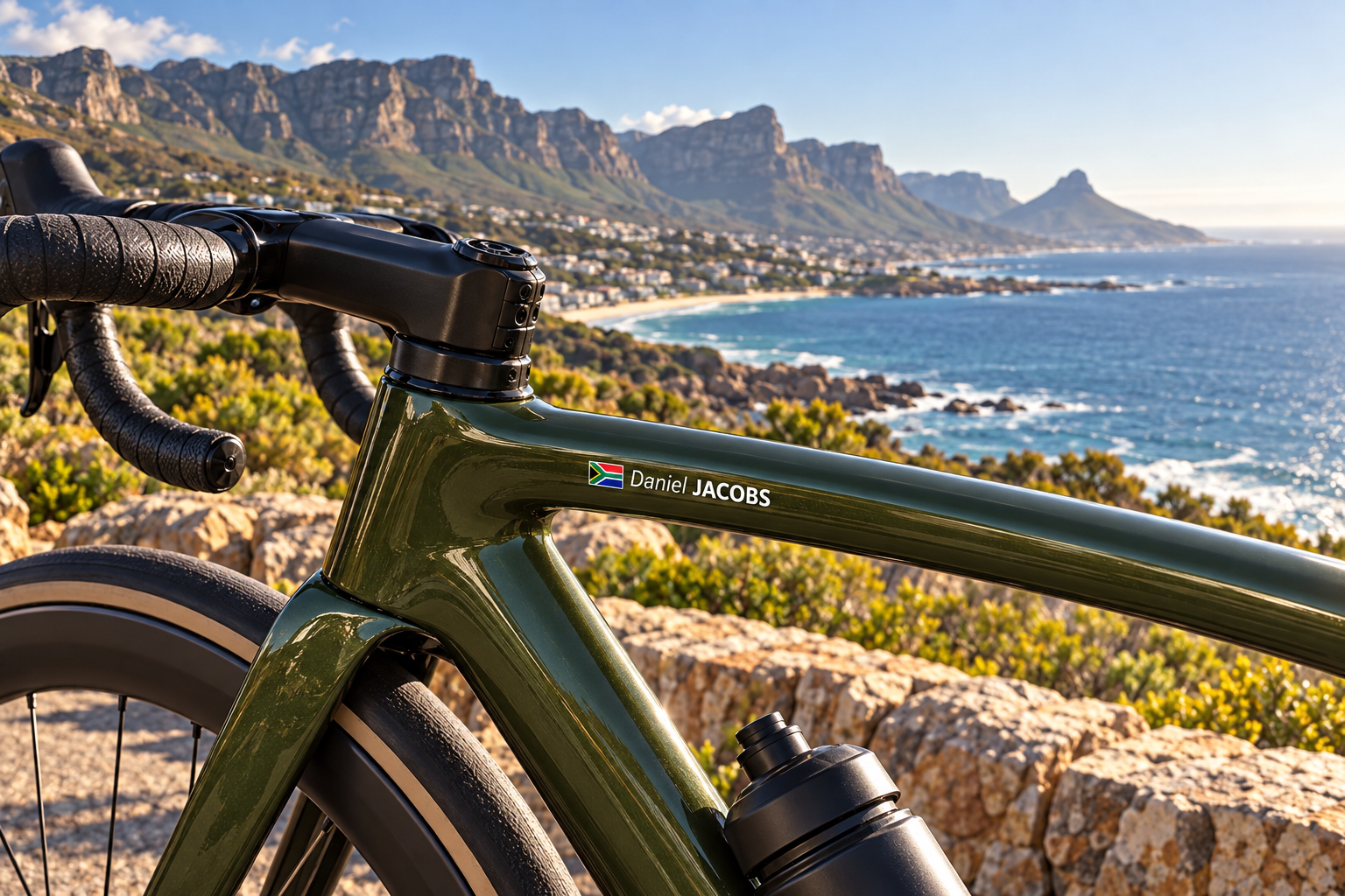 Cape Town Cycle Tour 2027: vélo de route vert olive avec Daniel JACOBS et drapeau sud-africain près de la côte du Cap