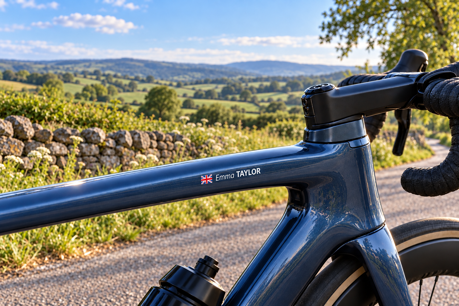 Chase the Sun UK South 2027: vélo de route bleu-gris avec Emma TAYLOR et drapeau britannique près d’un chemin anglais