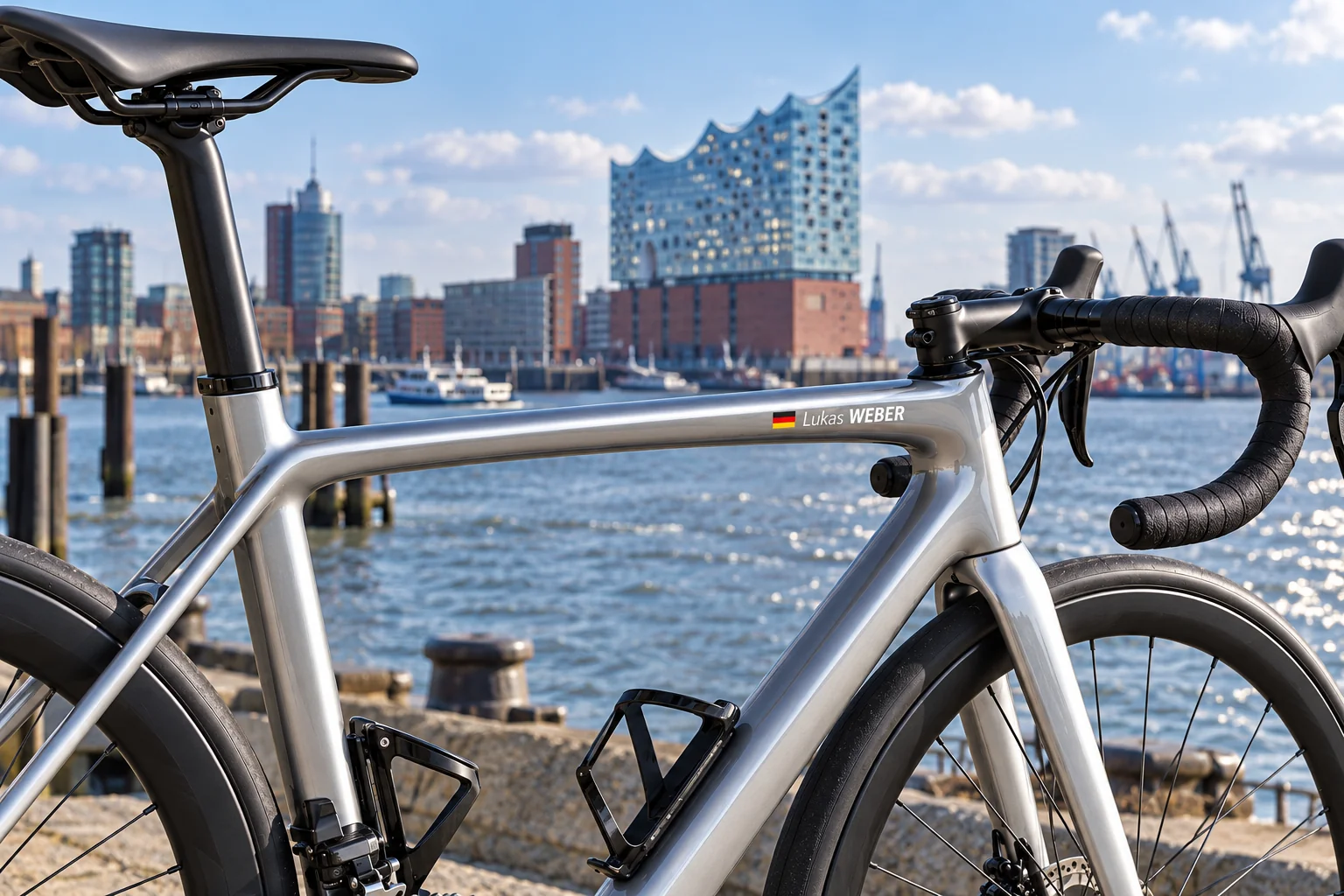 Vélo de route argenté Lukas WEBER avec drapeau allemand près du port de Hambourg