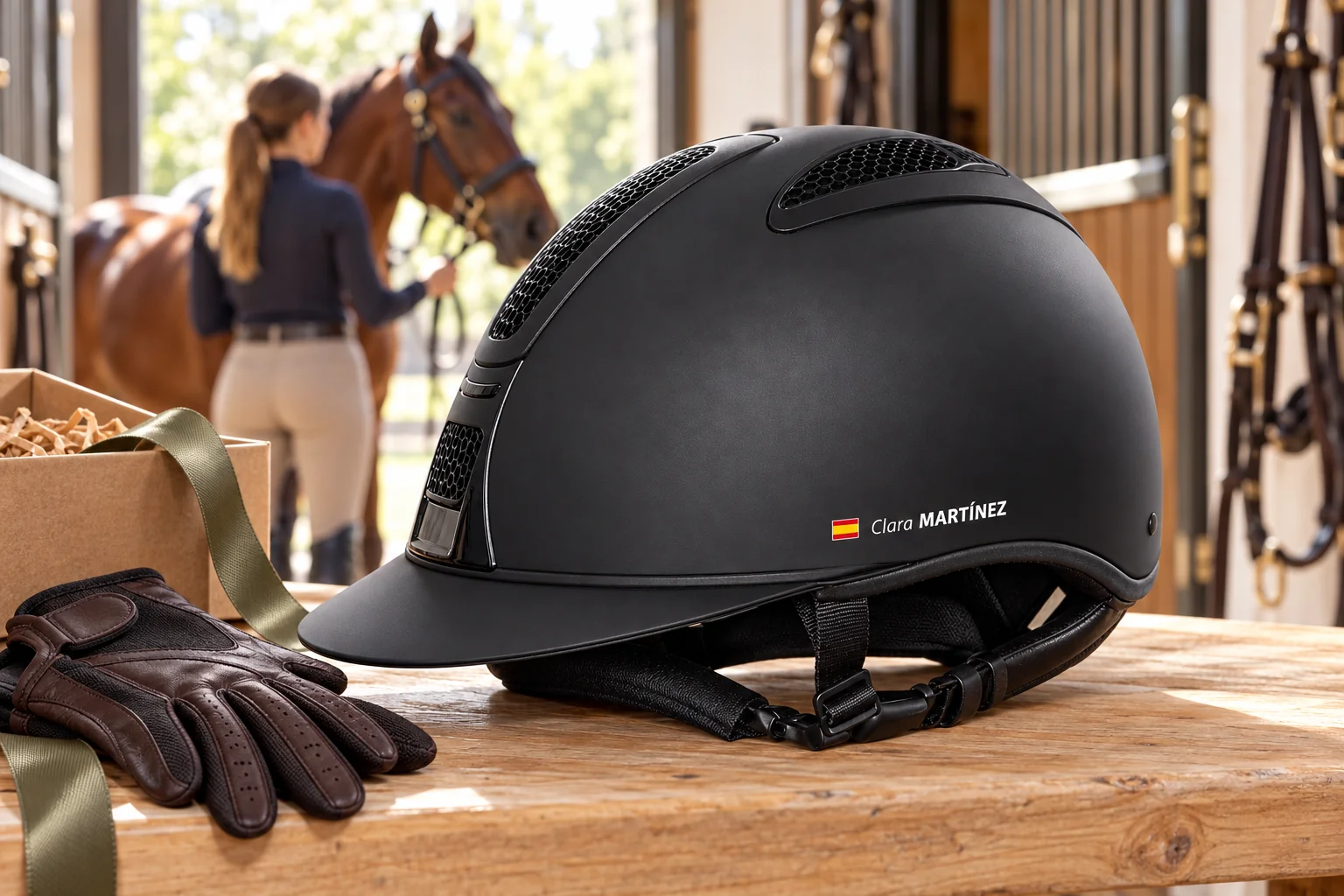 Casque d’équitation noir Clara MARTÍNEZ avec drapeau espagnol près d’un cadeau, cavalière et cheval en arrière-plan