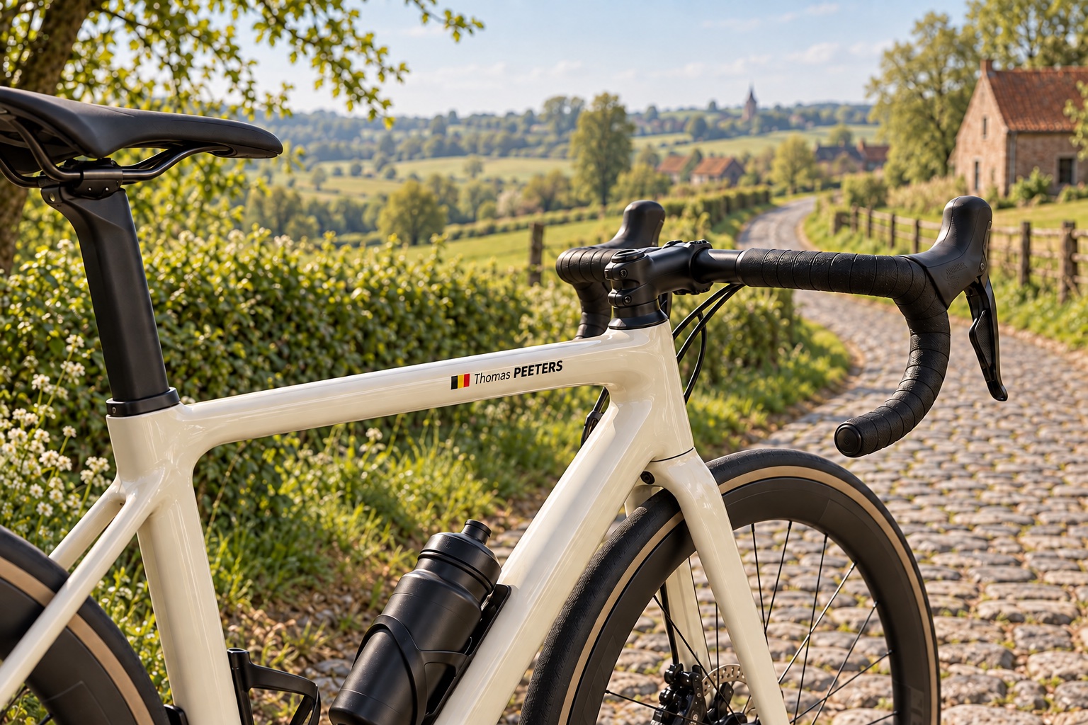 We Ride Flanders 2027: Vélo de route crème avec drapeau belge et autocollant Thomas PEETERS près d'un chemin pavé