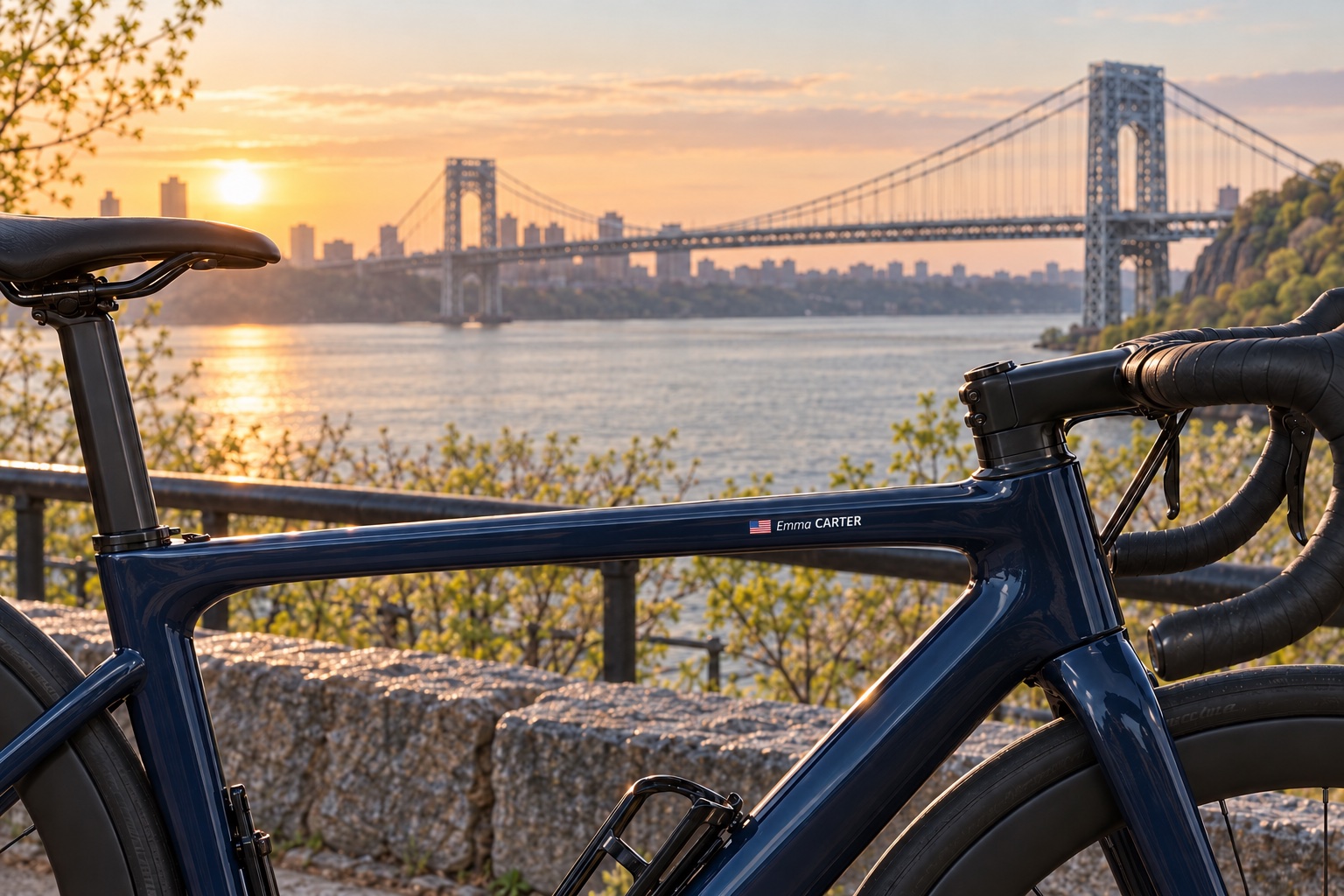 GFNY New York 2027: Vélo de route avec un Pegatin nom et drapeau au bord de l’Hudson devant le pont George Washington