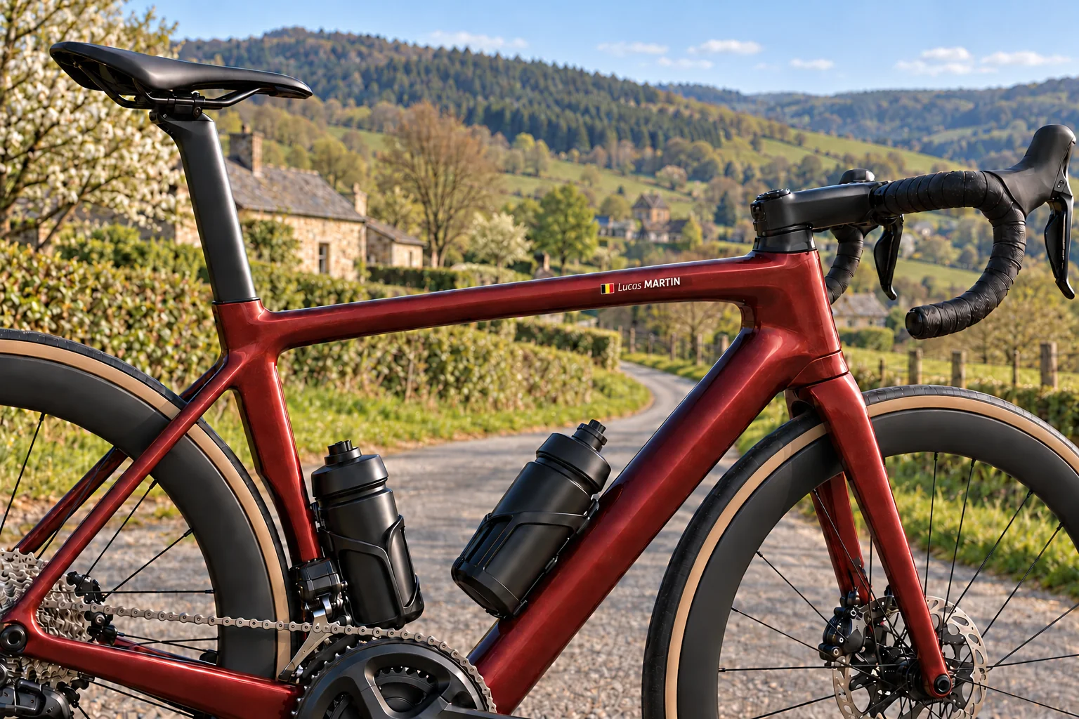 Vélo de route avec autocollant Pegatin personnalisé, drapeau et nom Lucas MARTIN