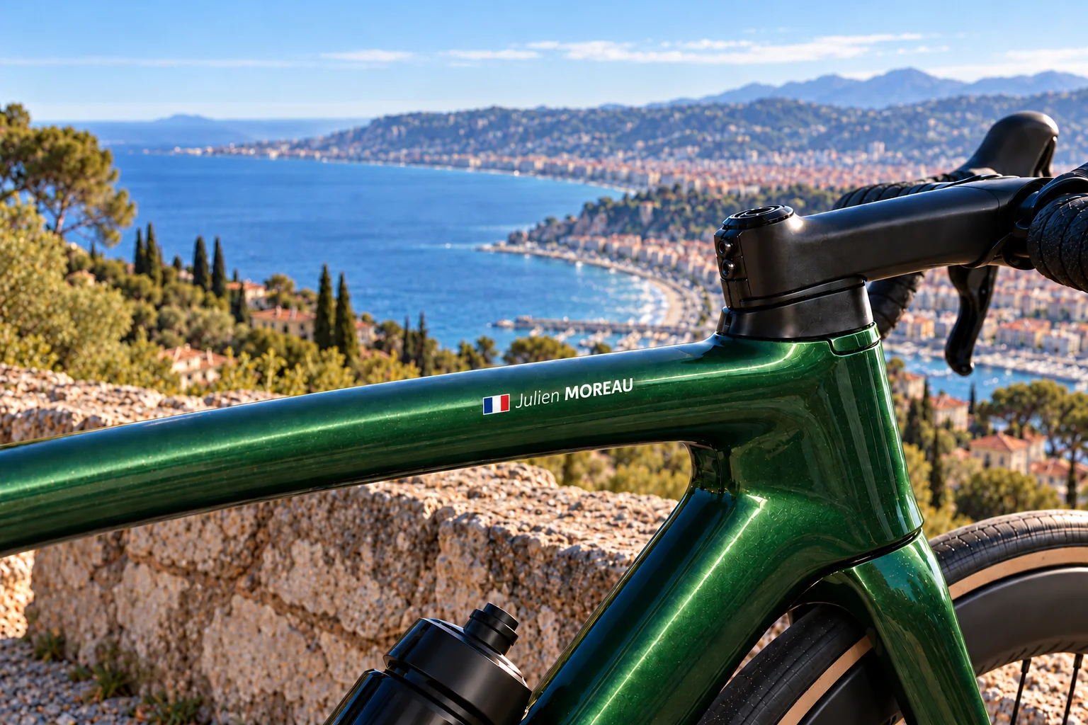 Vélo de route avec autocollant Pegatin personnalisé, drapeau et nom Julien MOREAU