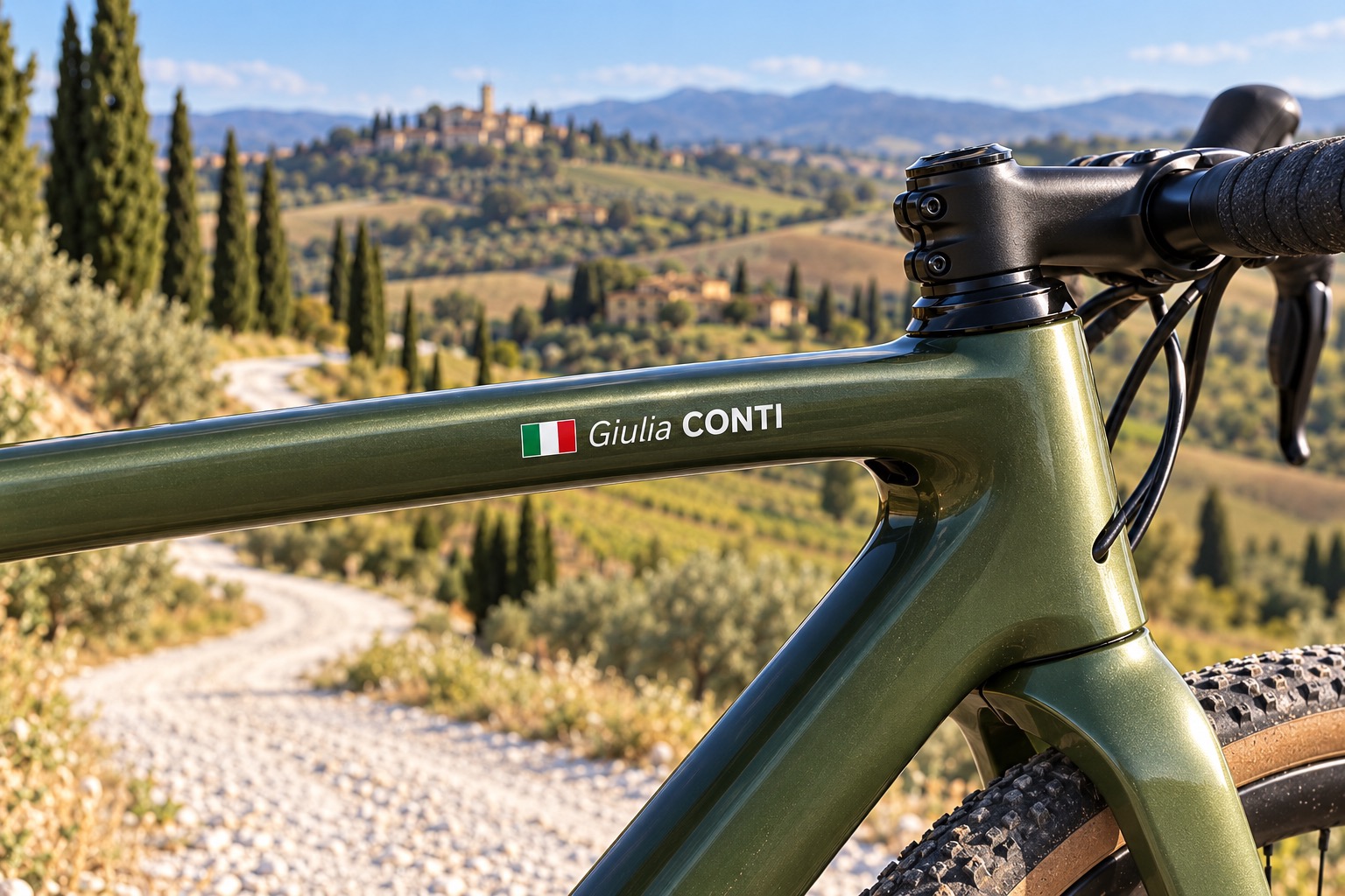 NOVA Eroica Buonconvento 2027: Vélo gravel vert avec Giulia CONTI et drapeau italien sur un chemin toscan
